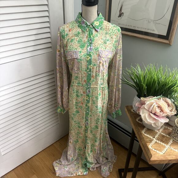 ANN TAYLOR LOFT Shirt Dress Womens Large Green Floral Maxi Godet Pastel Romantic - Picture 3 of 12